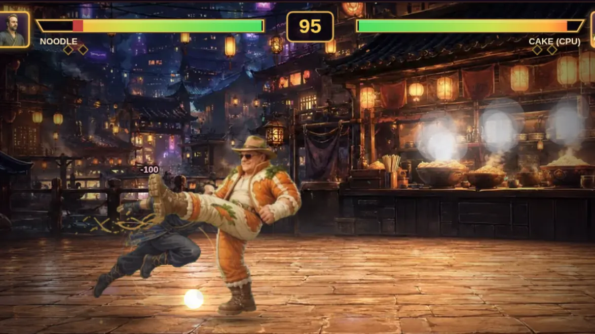A hand-painted fighter landing a kick in a commissioned fighting game.