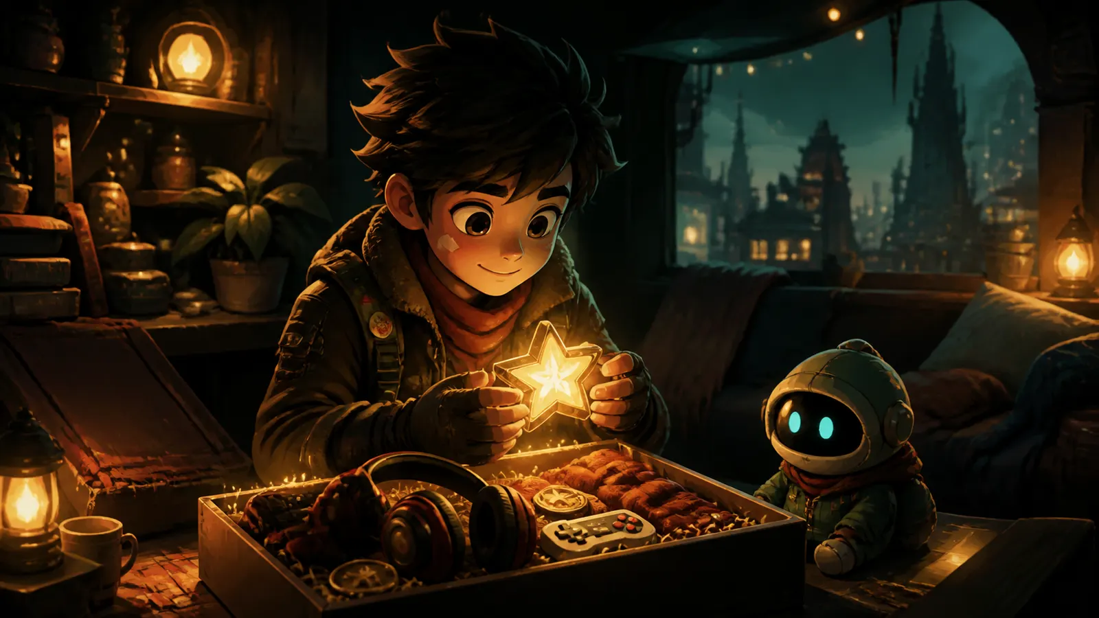 An illustrated young man holding a glowing star over a tray of retro gaming keepsakes.
