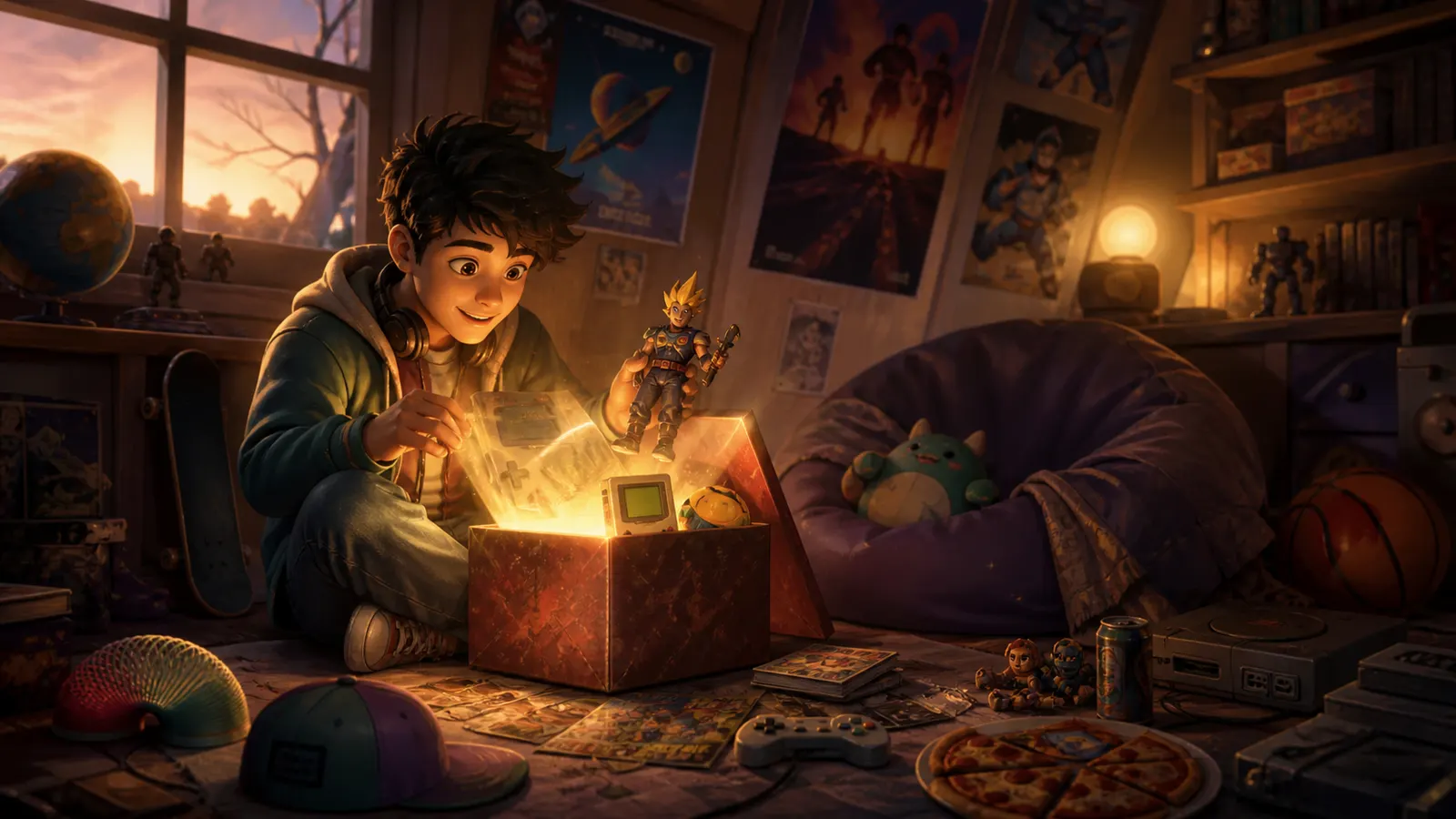 An illustrated teenager opening a box of nineties memorabilia in a poster-covered bedroom.