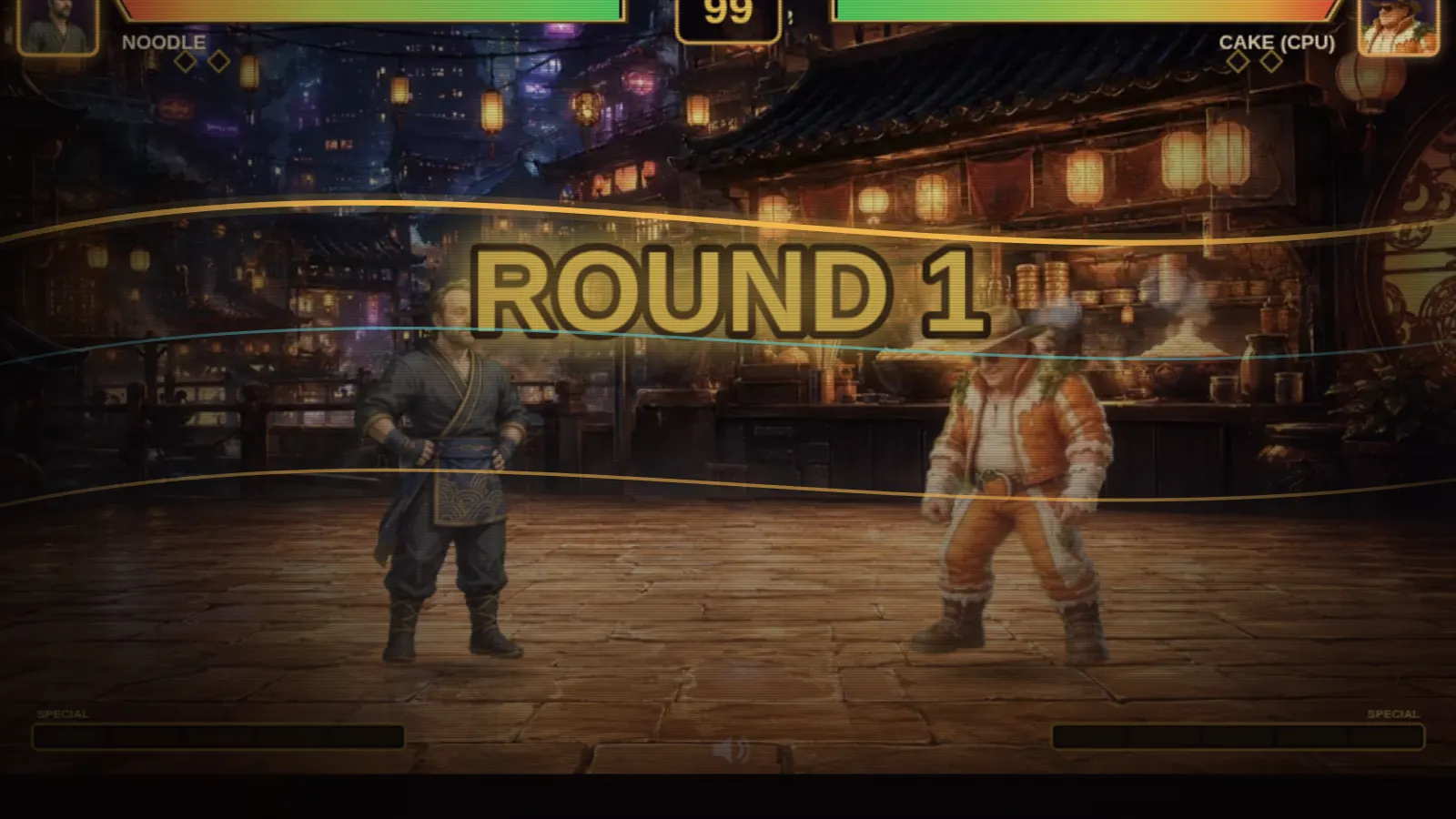 The round one announcement on the tavern stage in Noodles, Cake & Elf.