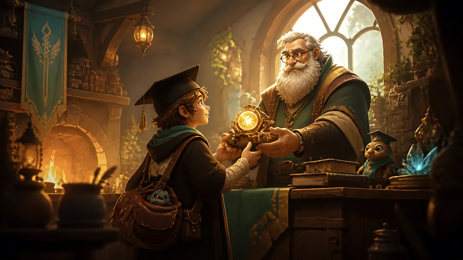 An illustrated graduate in cap and gown being handed a small golden keepsake by an older man.