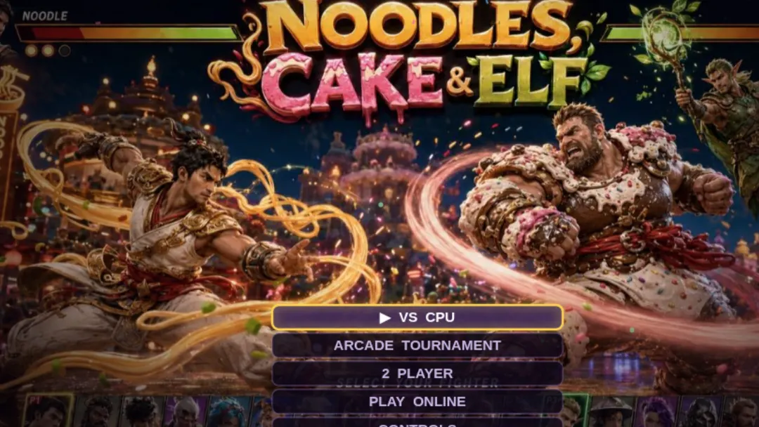 The title screen of a commissioned fighting game with characters based on real people.