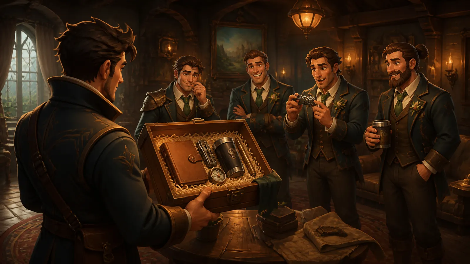 An illustrated group of groomsmen in suits being handed an open presentation box.