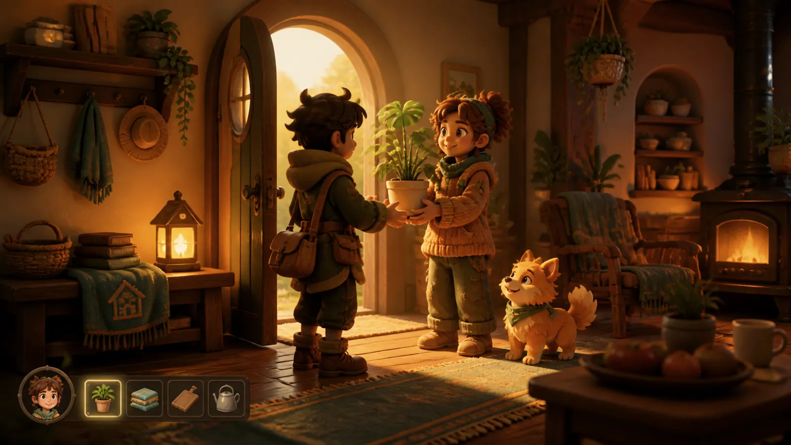 An illustrated visitor arriving at a new home carrying a potted plant as a gift.
