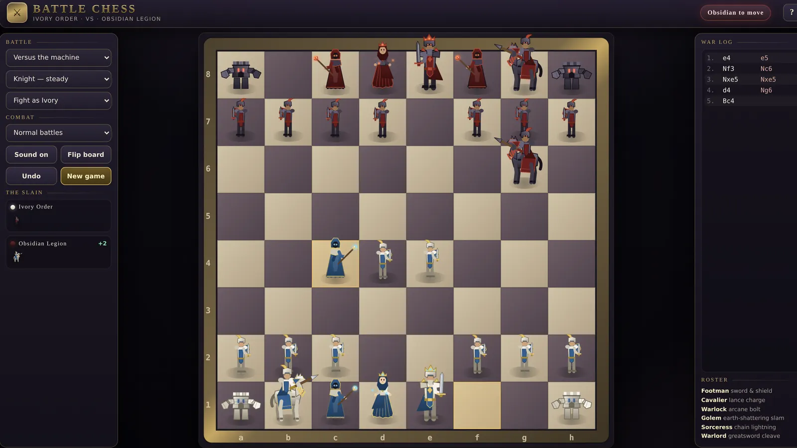 The Fighting Chess interface with its war log of moves in algebraic notation beside the slain pieces panel.