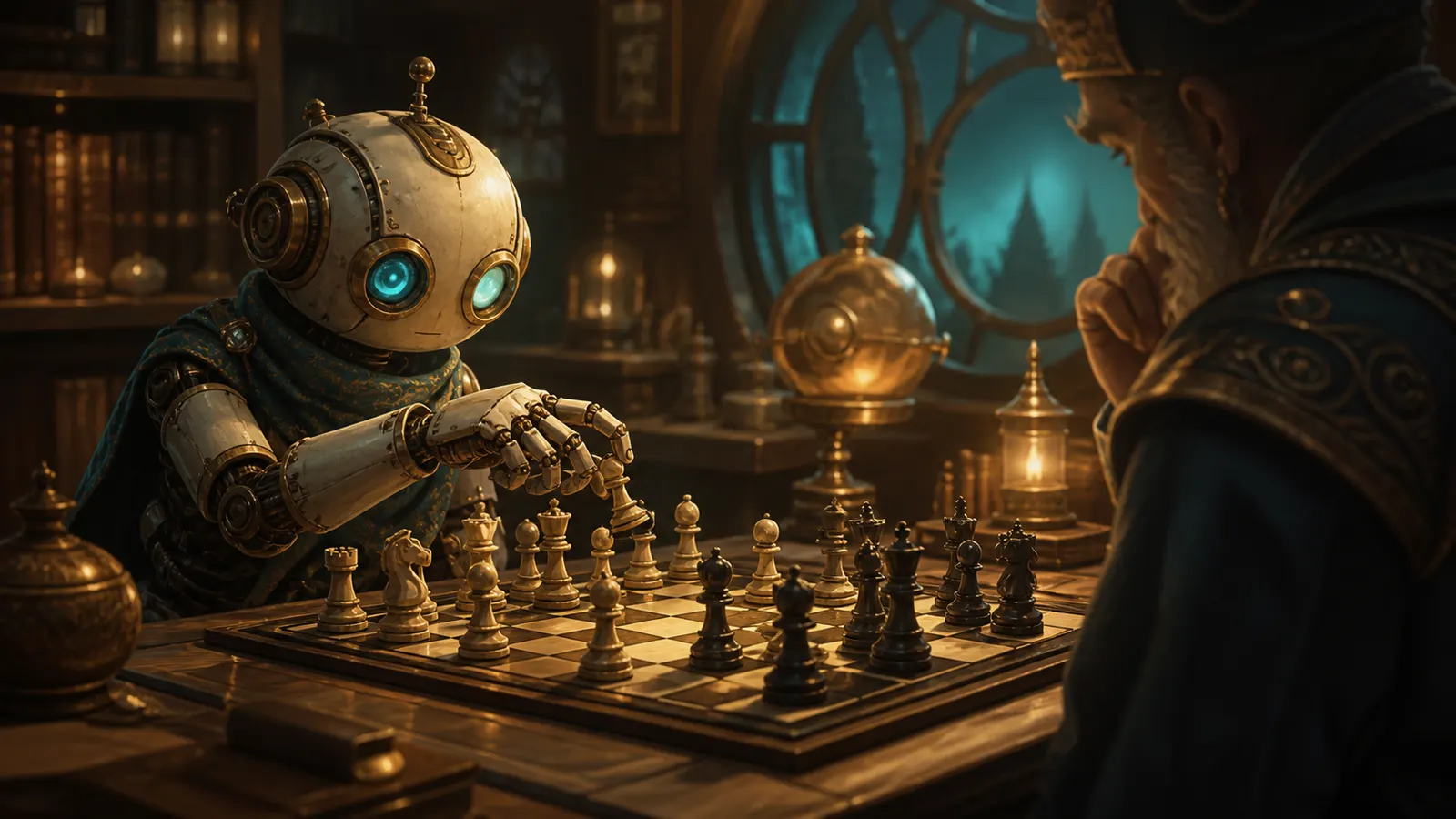 An illustrated robot considering its move across a chessboard from a human opponent.