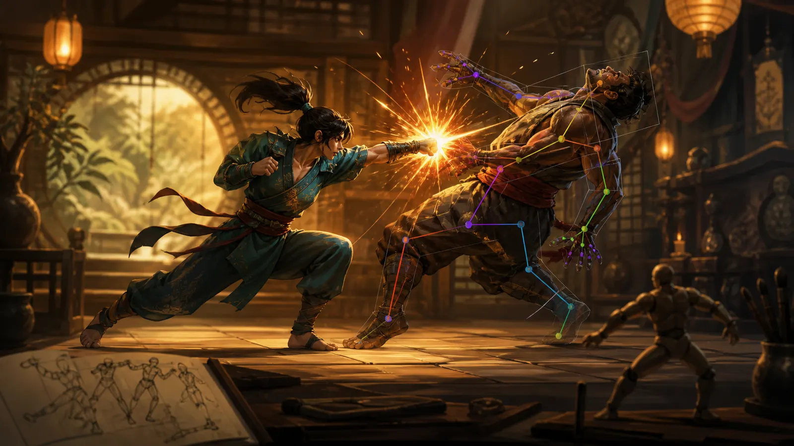 An illustrated fighting game character landing a hit, the impact bursting in sparks of light.