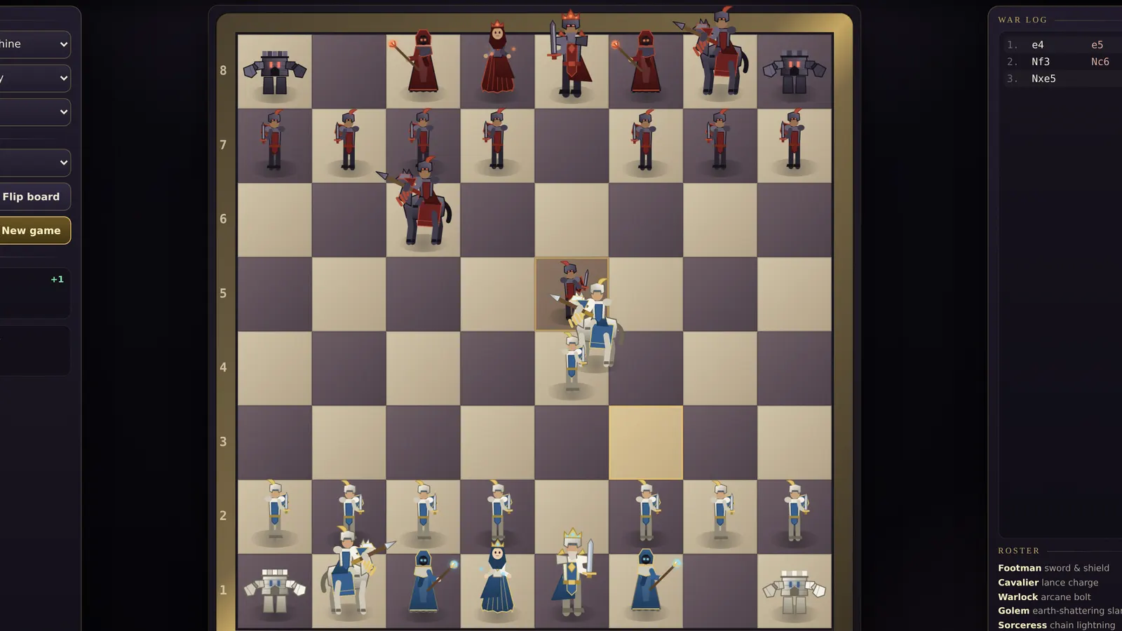 A cavalier landing a lance strike on a footman in Fighting Chess, with the struck square highlighted.