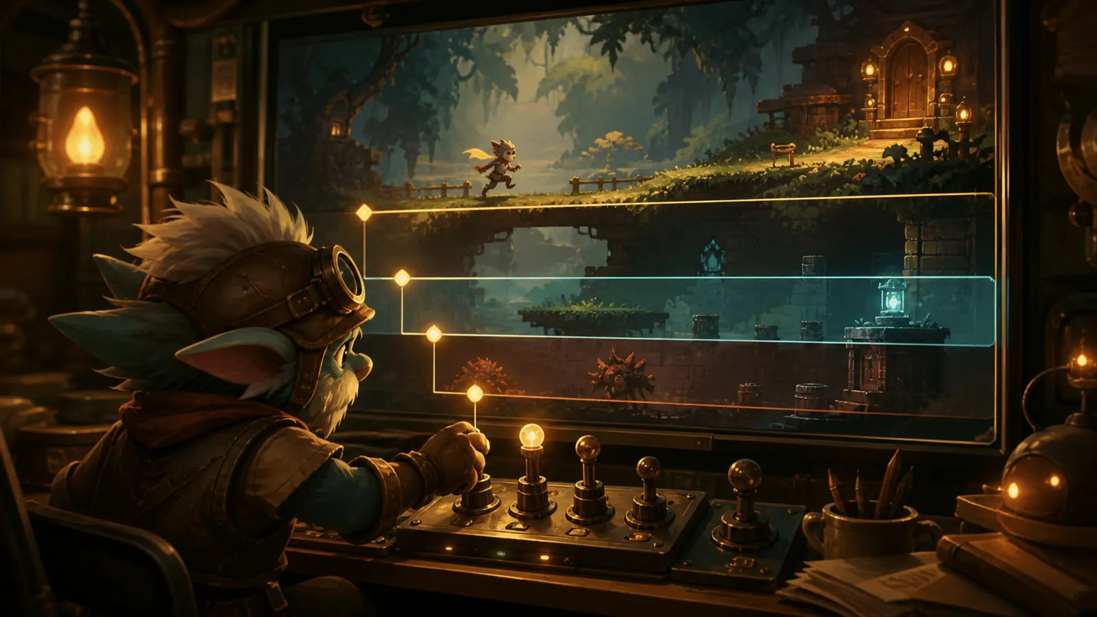 An illustrated developer at a console watching a game scene assemble layer by layer on screen.