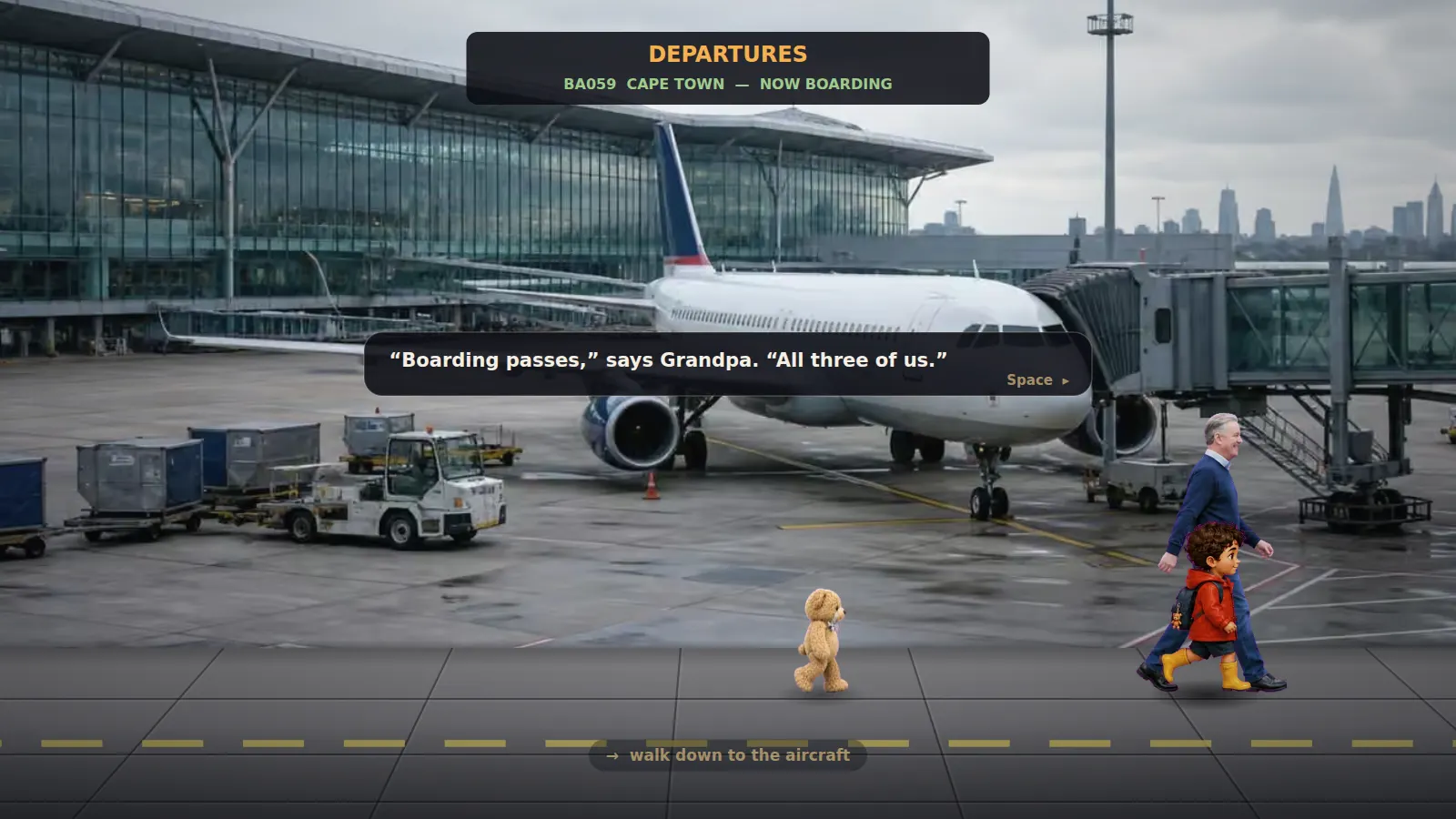 A painted aircraft at the gate from the Edward and B Bear adventure.