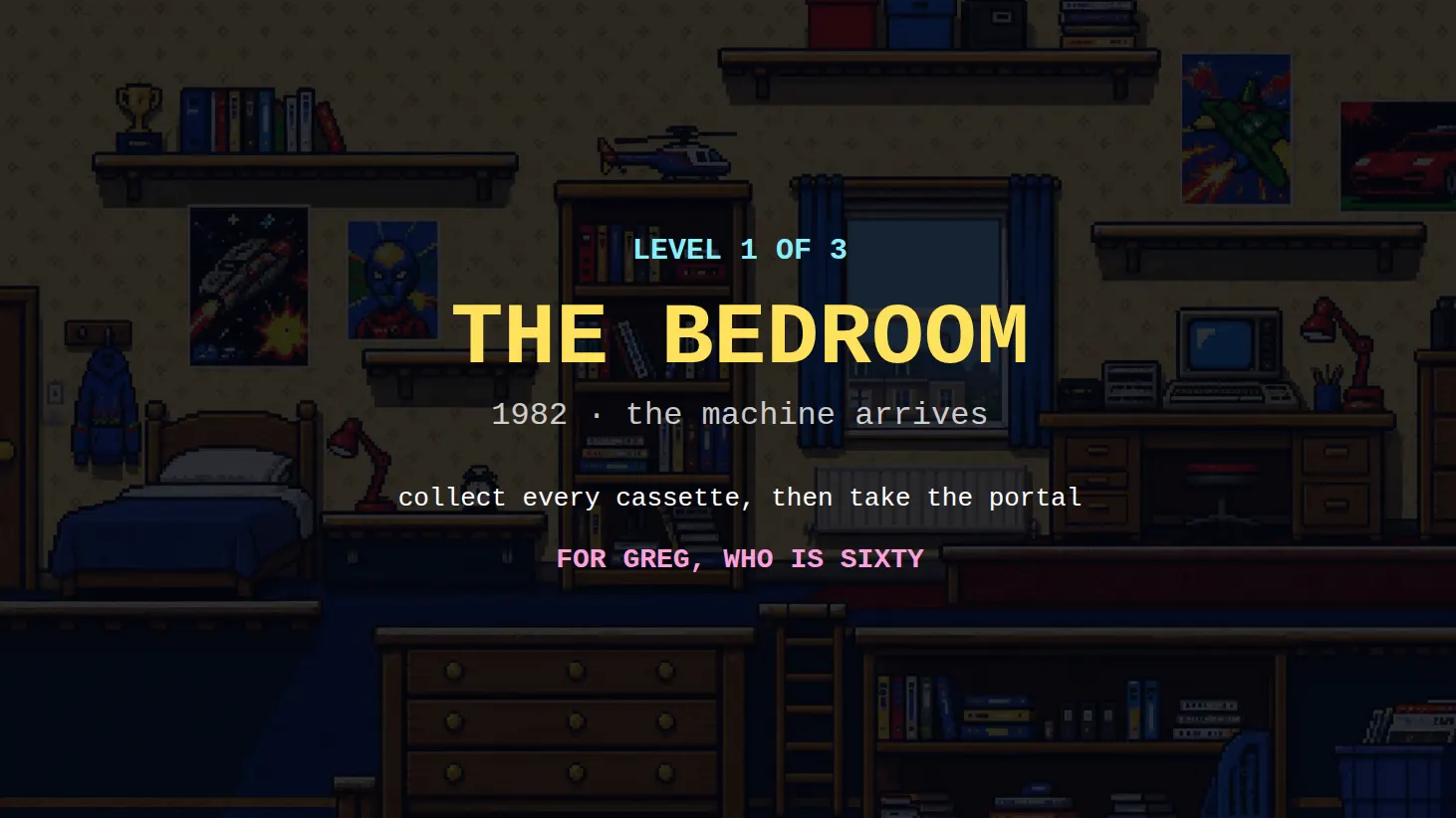 The level one card from the Tape Loader birthday game, reading Level 1 of 3, The Bedroom, 1982.