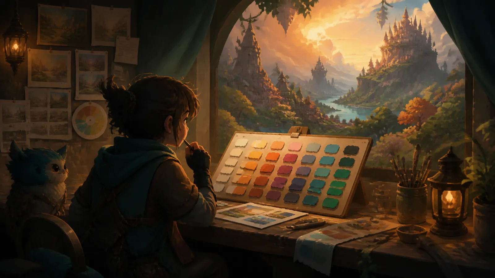 An illustrated artist choosing from a grid of colour swatches against a painted landscape.
