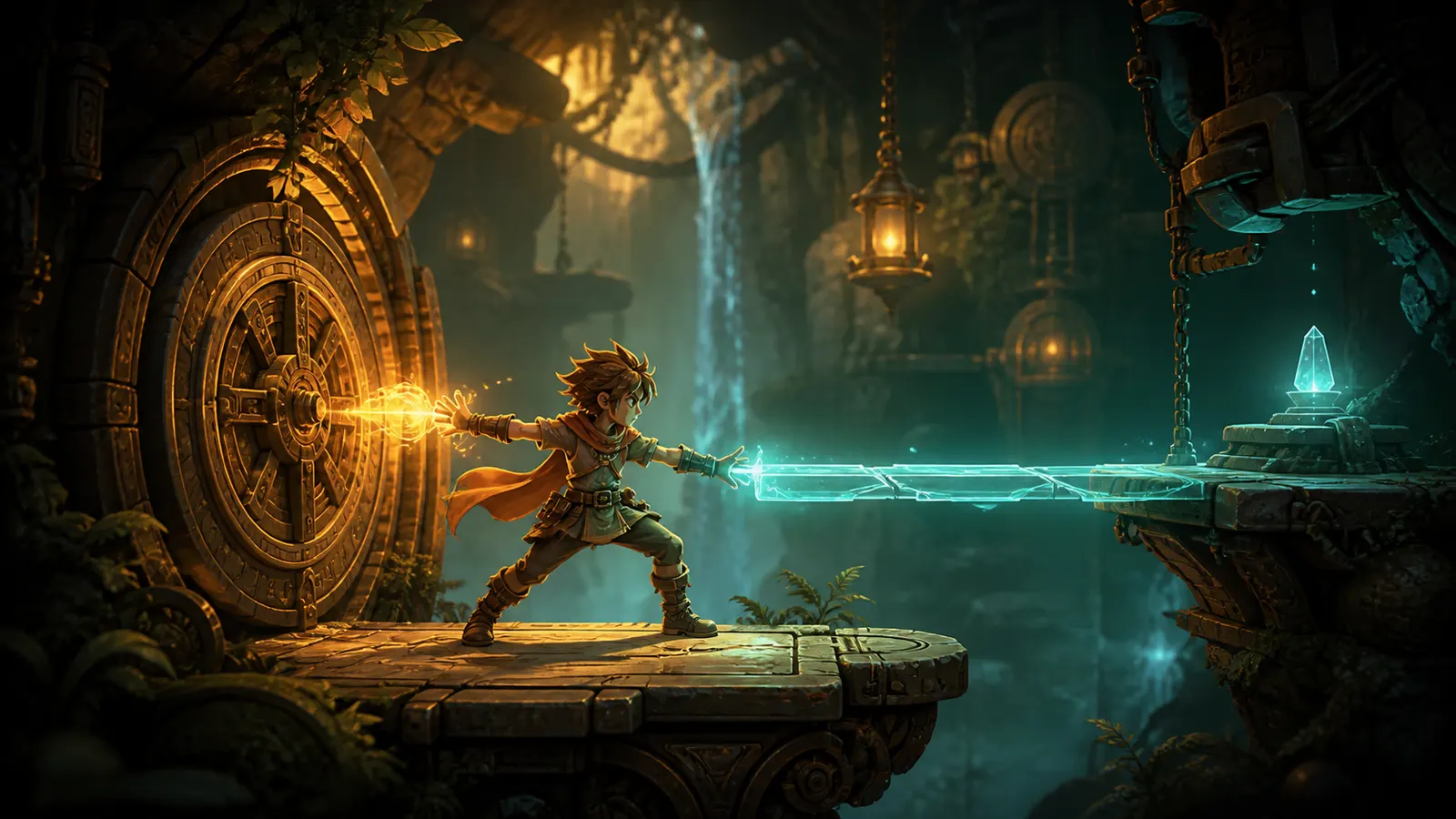 An illustrated character running and jumping at once while lit inputs fire on a control panel.