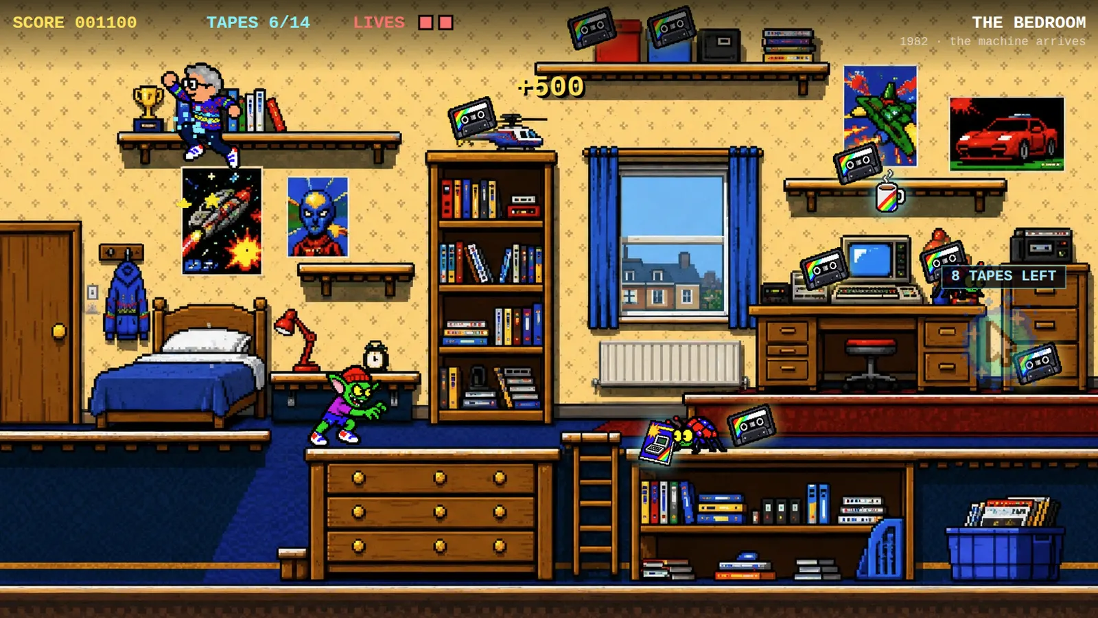 The bedroom level of the Tape Loader birthday game, with the player mid-run between shelves.