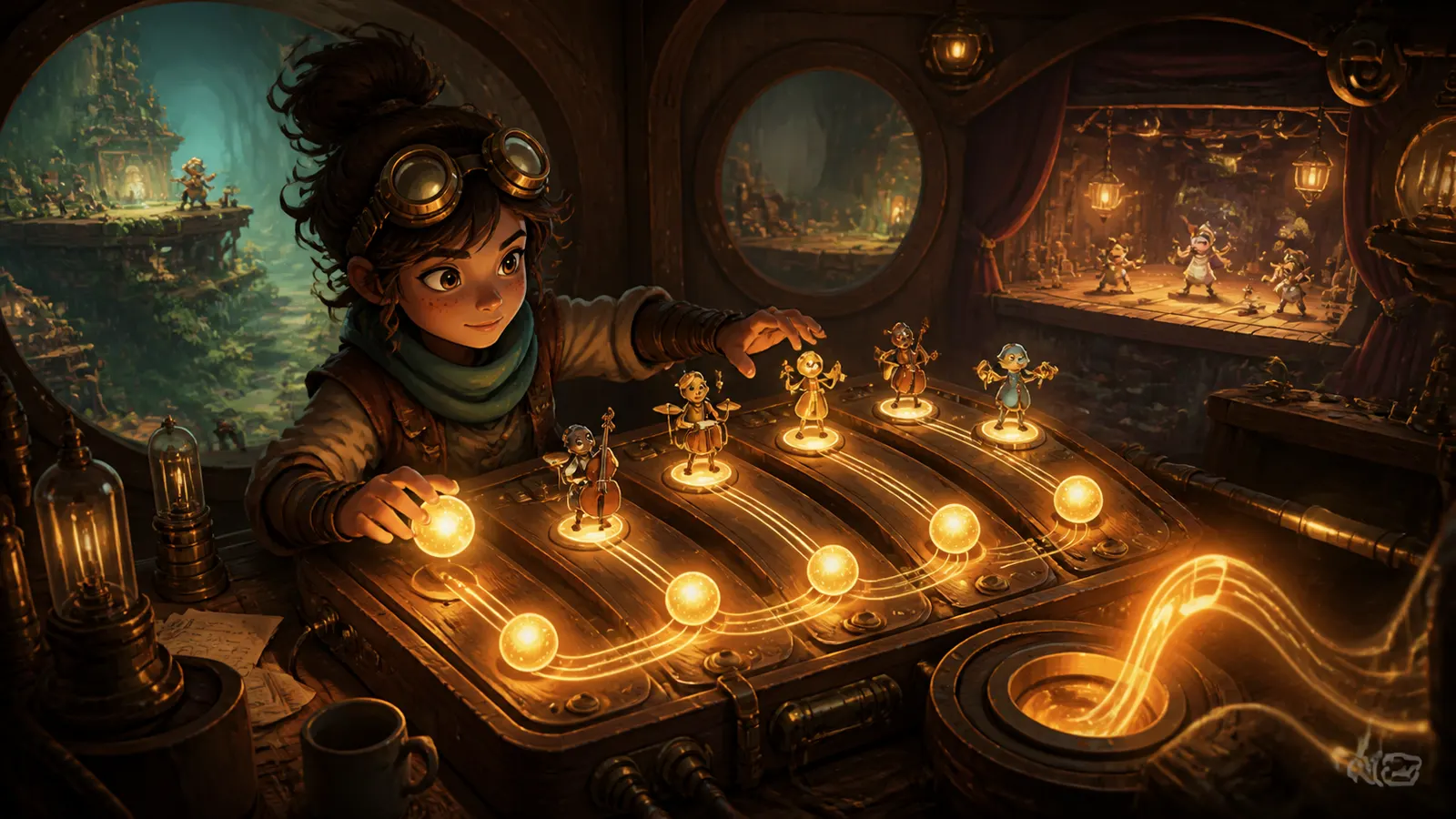An illustrated developer adjusting a row of glowing level controls on a mixing desk.