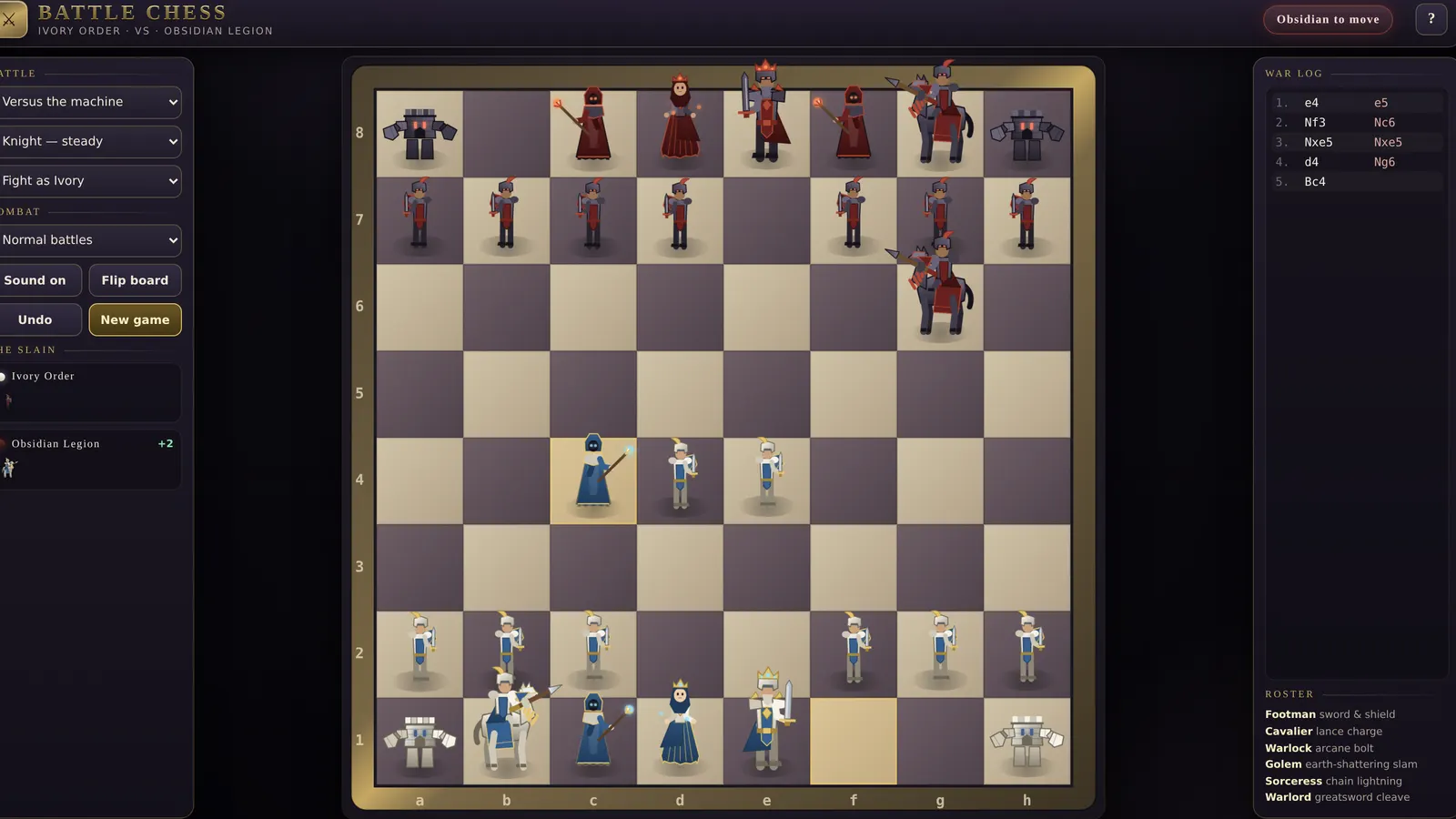 The Fighting Chess interface with its war log of moves beside the slain pieces panel.