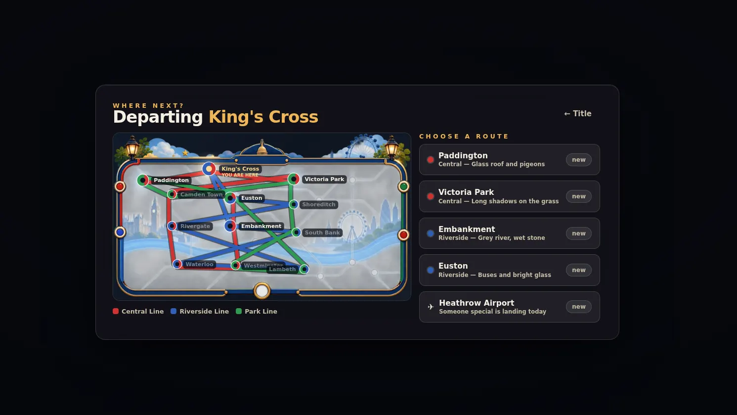 The journey map from the Edward and B Bear adventure, showing the route between locations with places already visited marked.