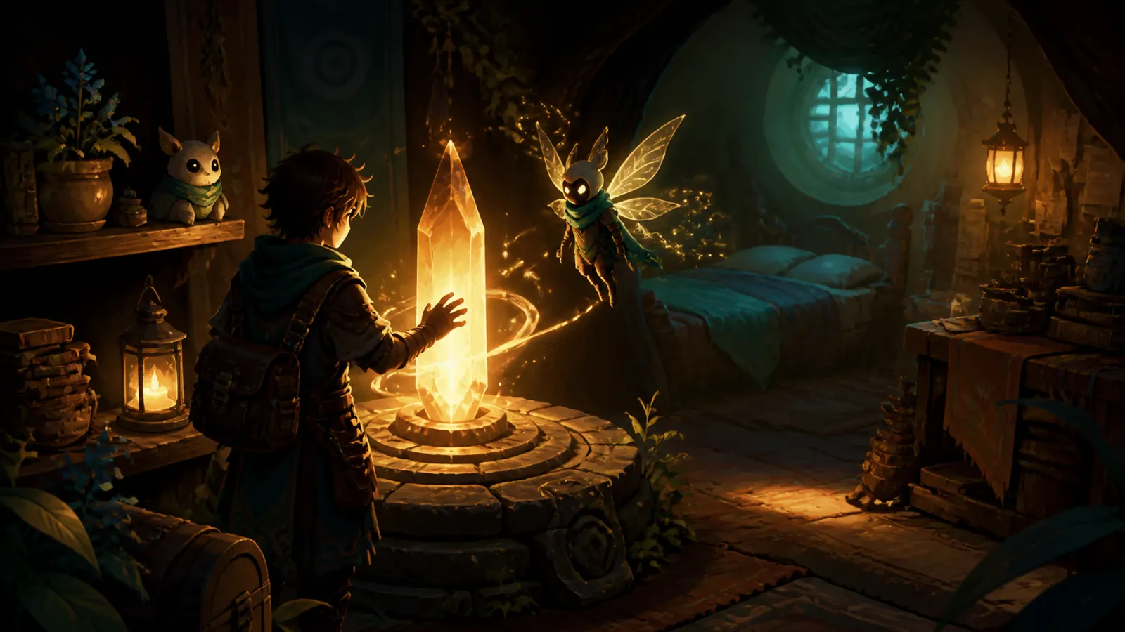 An illustrated character reaching towards a glowing save point on a pedestal.