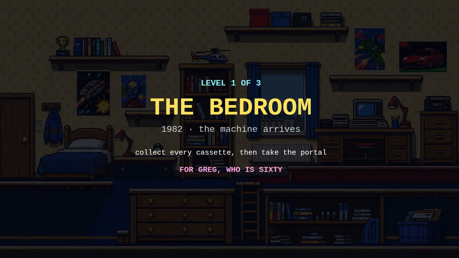 The level one card from the Tape Loader birthday game, reading Level 1 of 3, The Bedroom, 1982.