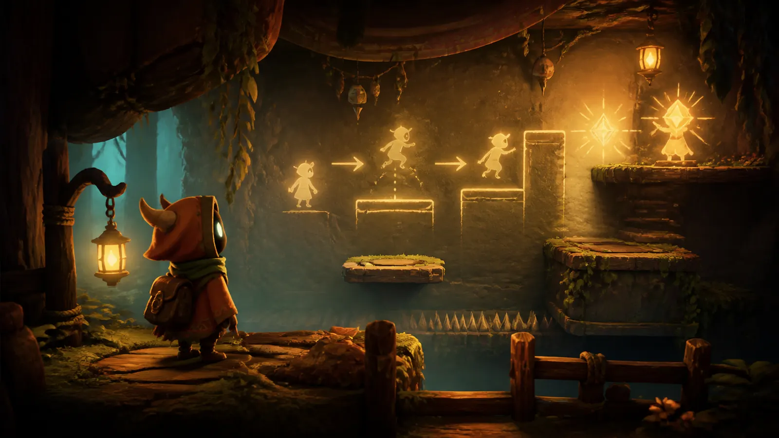 An illustrated character in a first level, glowing prompts showing the movement to try.