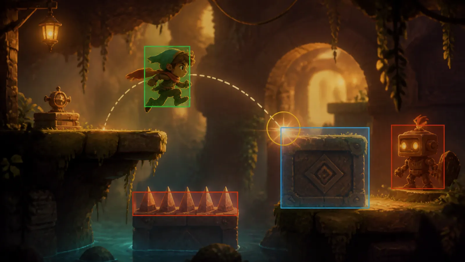 An illustrated platformer scene with coloured collision boxes drawn around the character and platforms.