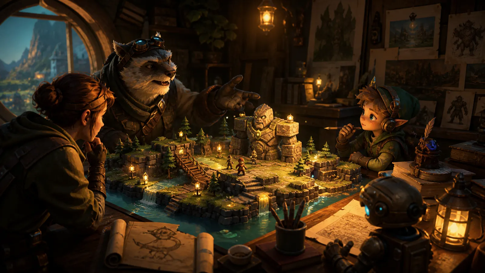 An illustrated artist and client discussing a miniature game world laid out on a table between them.