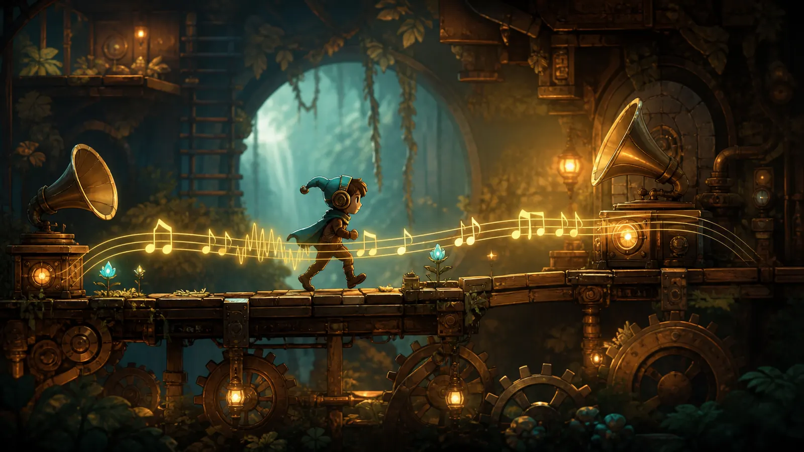 An illustrated character walking along a bridge of golden musical notes towards a gramophone.
