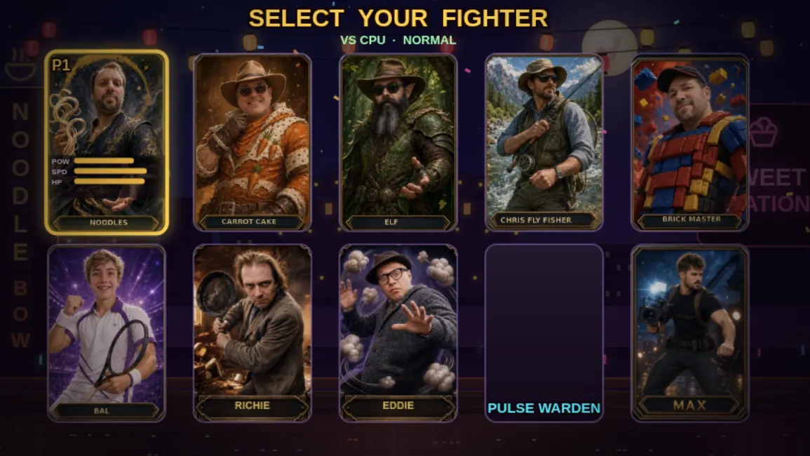 The character select screen from a commissioned fighting game, with hand-painted fighters based on real people.