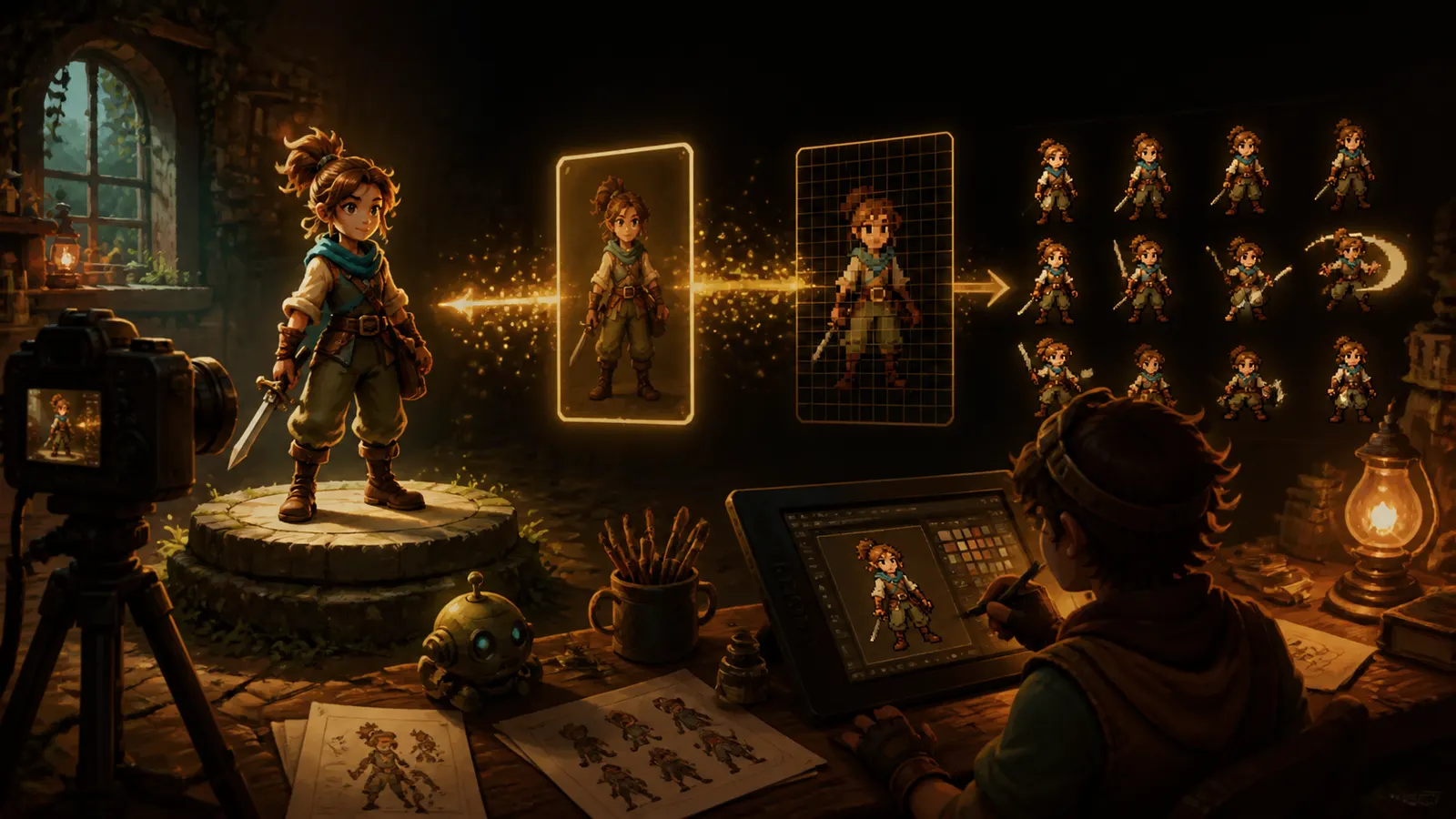 An illustrated figure being photographed and turned into a grid of game sprites on a screen.