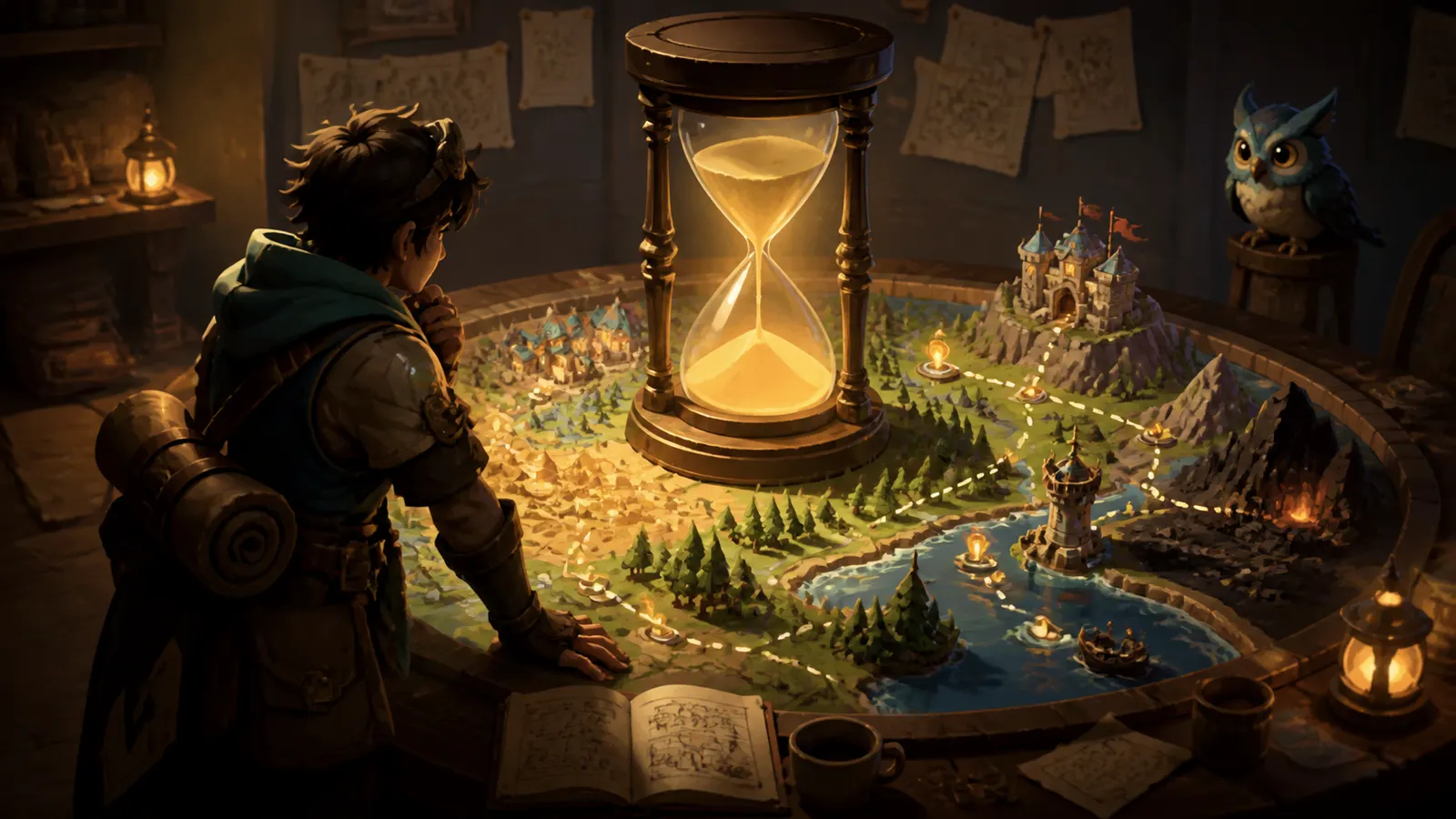 An illustrated developer beside a large hourglass, a small game world laid out around it.