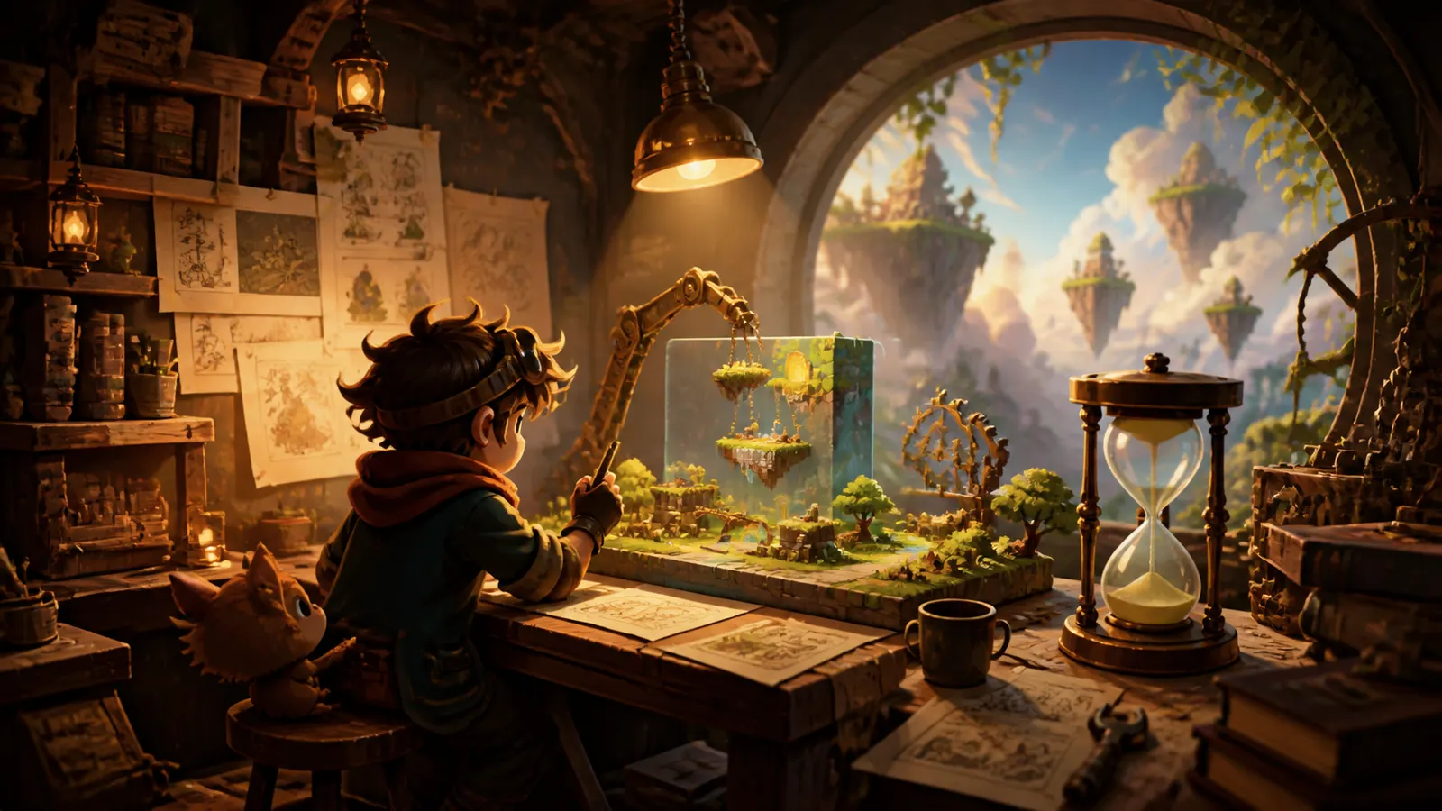 An illustrated artist building a miniature game landscape beside an hourglass on a workbench.