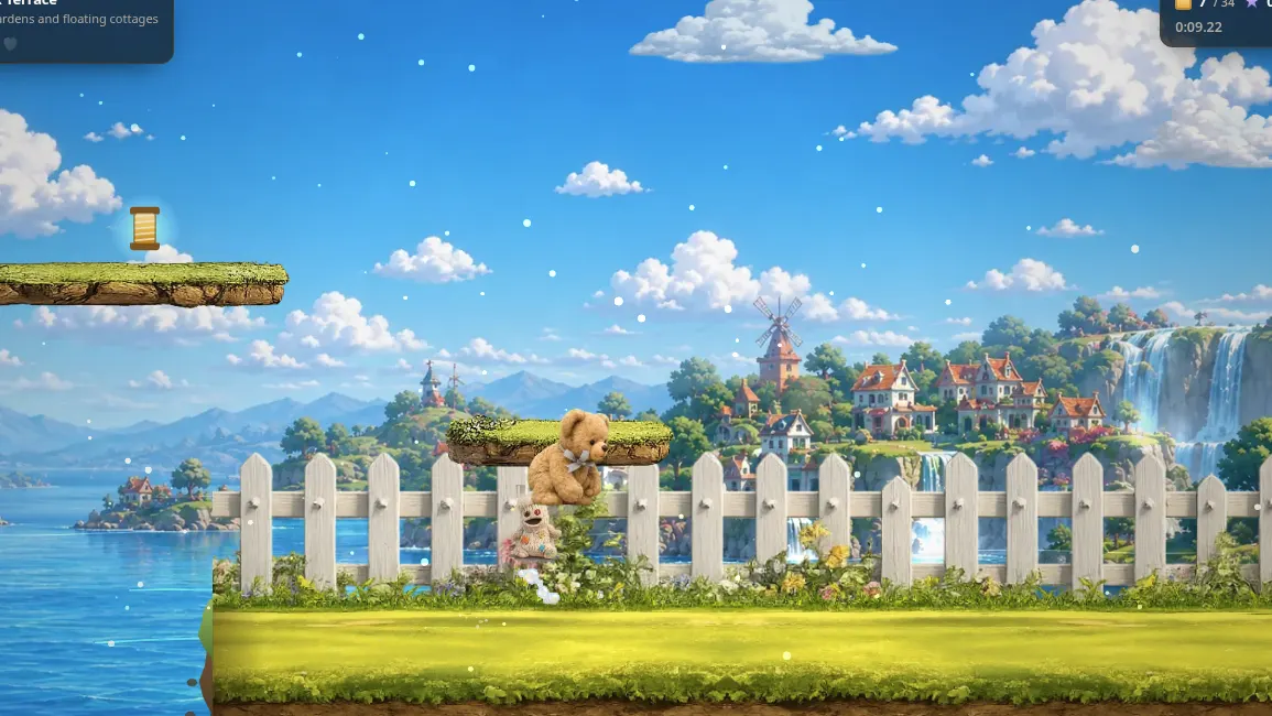 The seaside level of the B Bear platformer, with the bear mid-stride on painted sand.