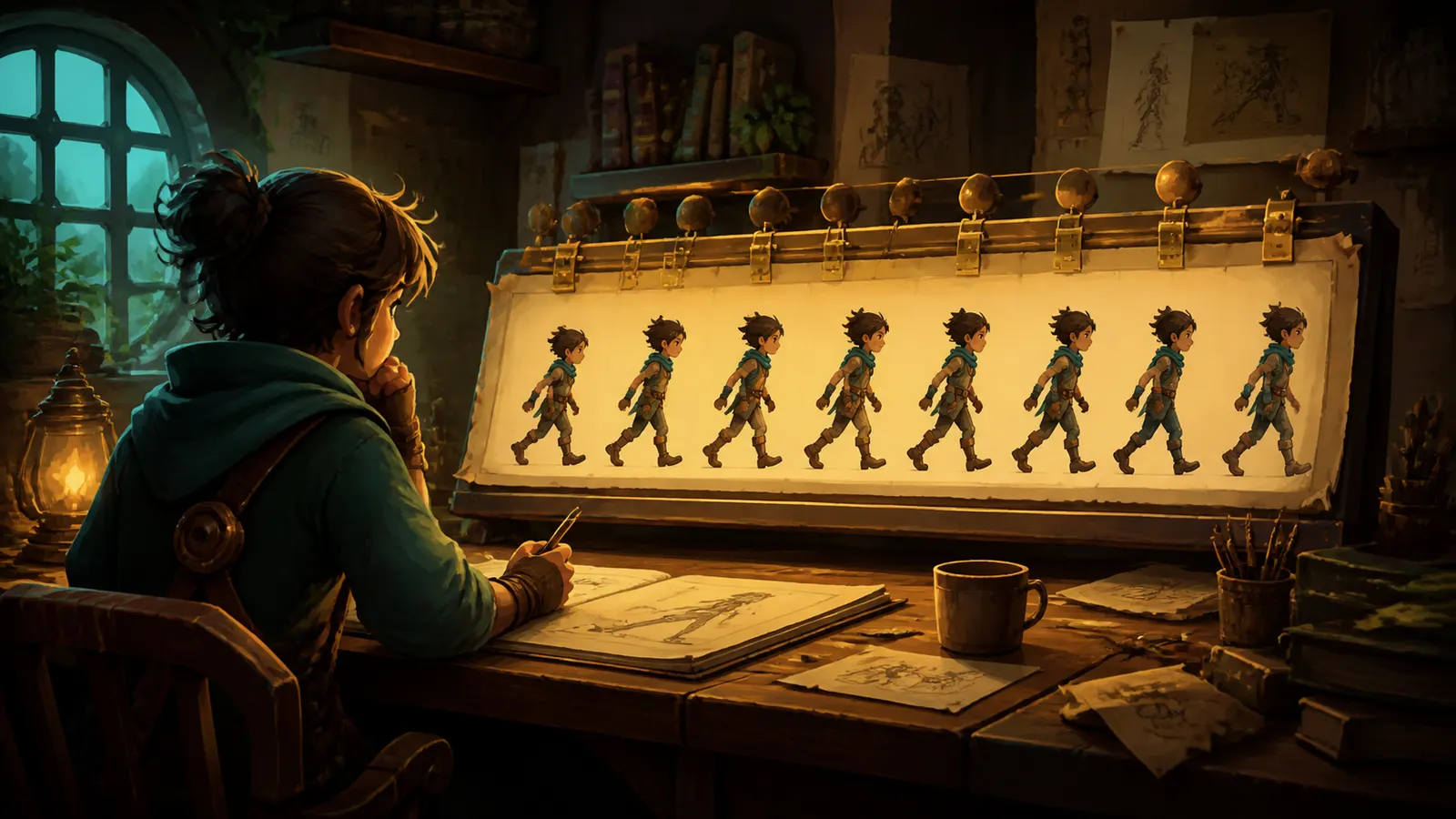 An illustrated animator studying a lightbox of walk-cycle frames laid out in sequence.