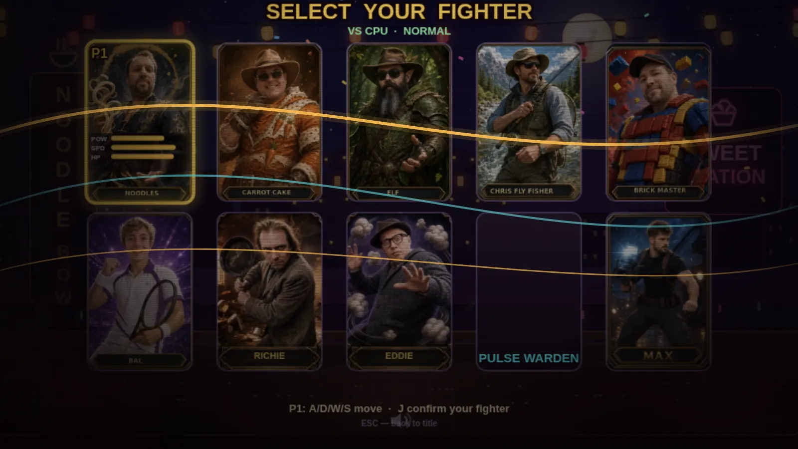 Character select screen from Noodles, Cake & Elf, showing the full roster of hand-painted fighters.