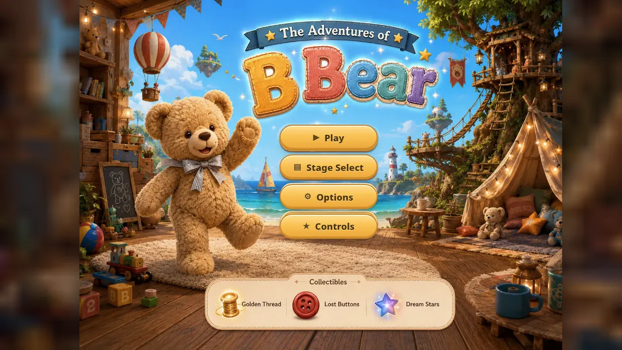 The title screen of the B Bear platformer, with the painted bear standing against a hand-drawn backdrop.