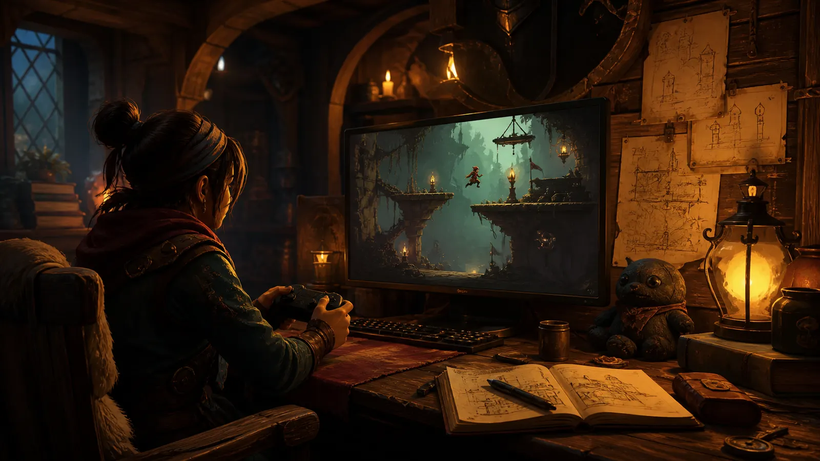 An illustrated developer watching over the shoulder of one person playing their game.