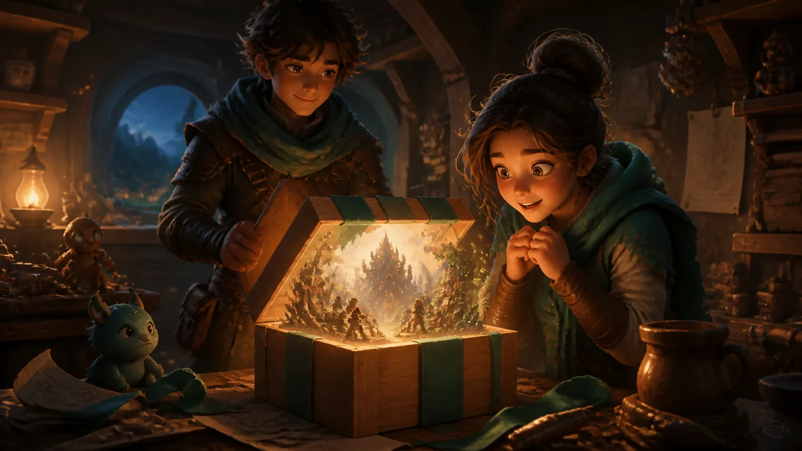 An illustrated couple opening a gift box that projects a glowing landscape into the room.