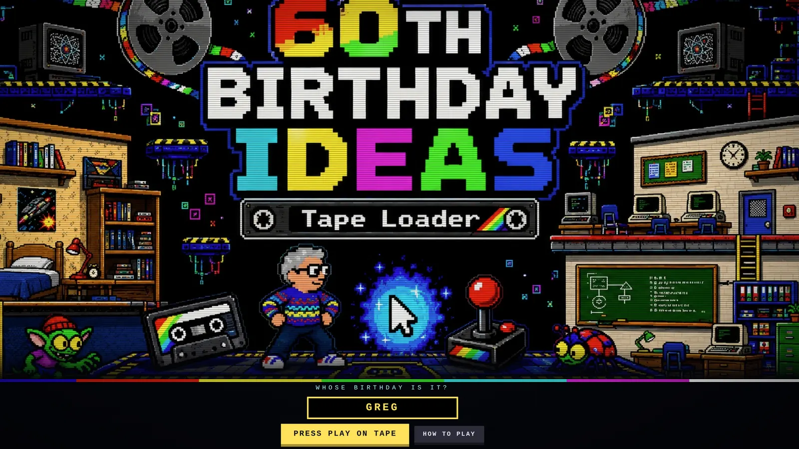 The title screen of a commissioned 60th birthday game with the birthday person painted in.