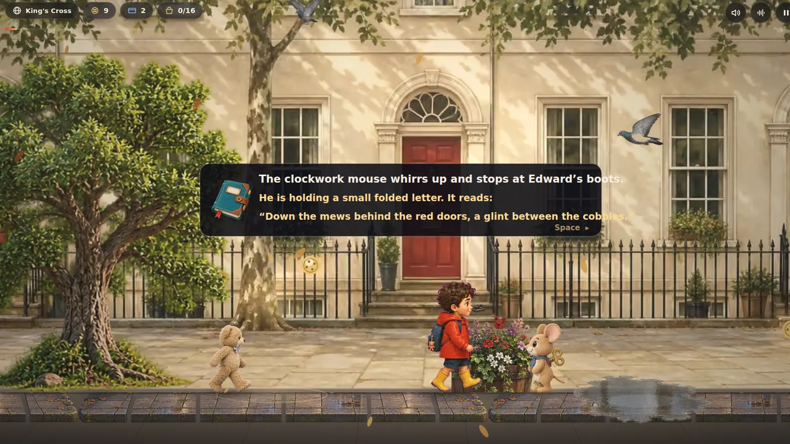 Edward and B.Bear walking a painted Georgian terrace, with the walk cycle keyed to distance travelled rather than to the clock.
