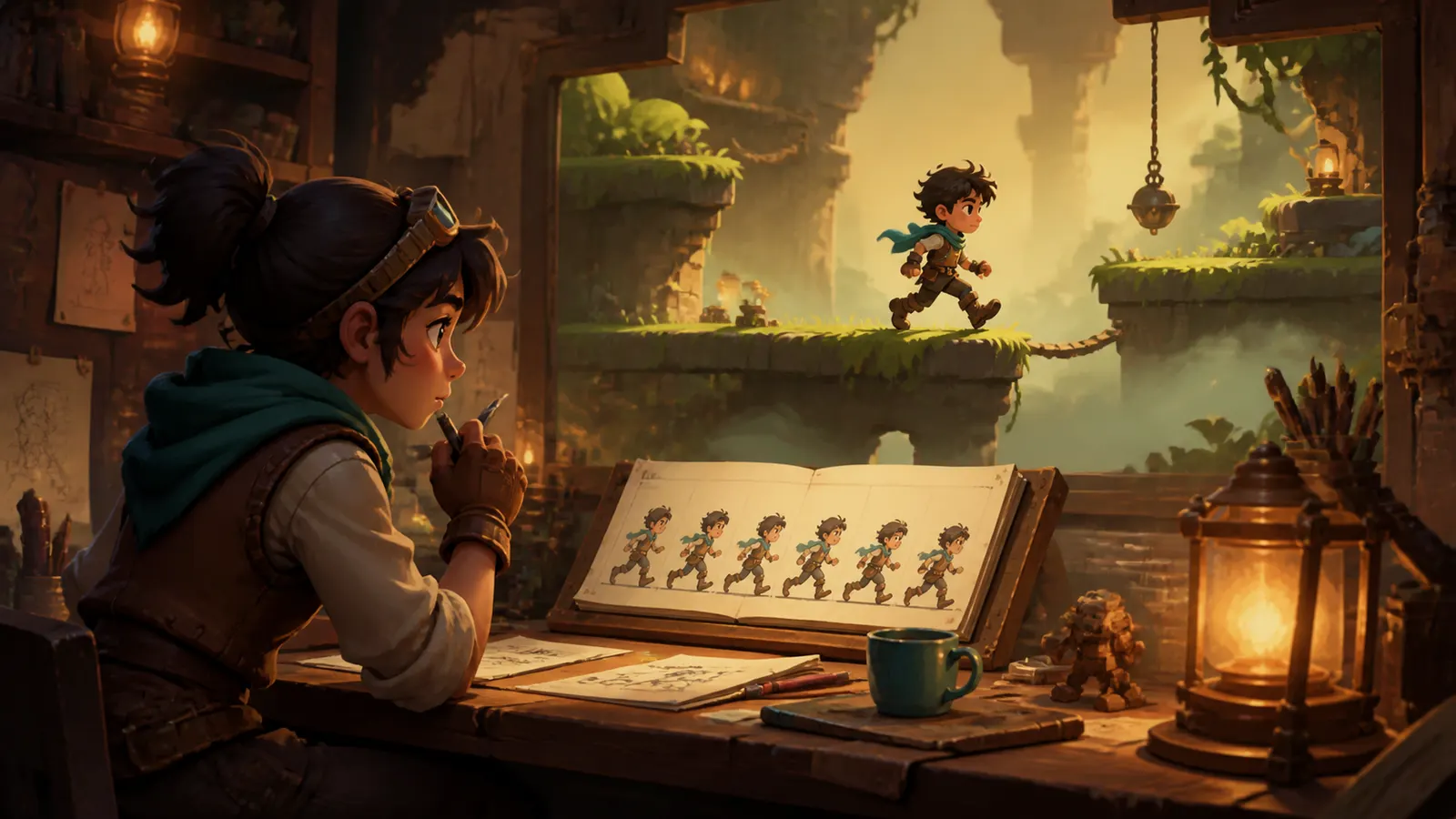 An illustrated animator working through a strip of walk-cycle drawings while the character runs on screen.