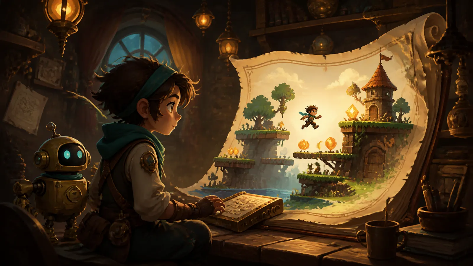 An illustrated developer holding a single sheet from which an entire game world unfolds.