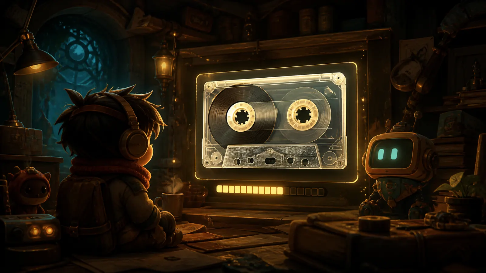 An illustrated child watching a glowing cassette tape turn on a screen as a game loads.