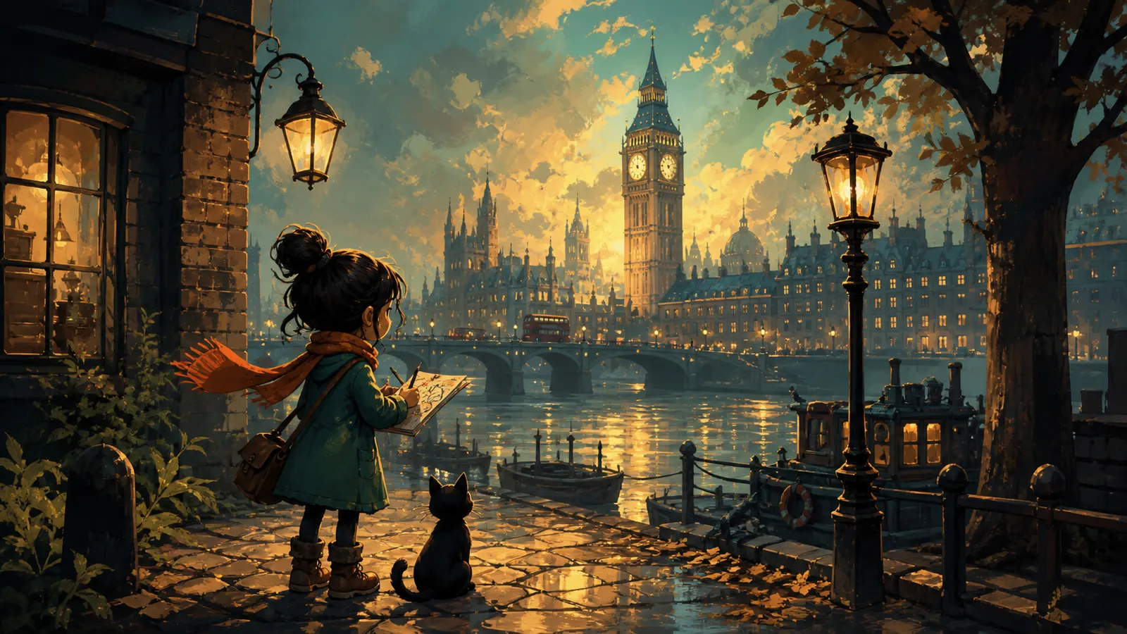 An illustrated girl and a cat on the Thames embankment, Big Ben and the London skyline behind them.