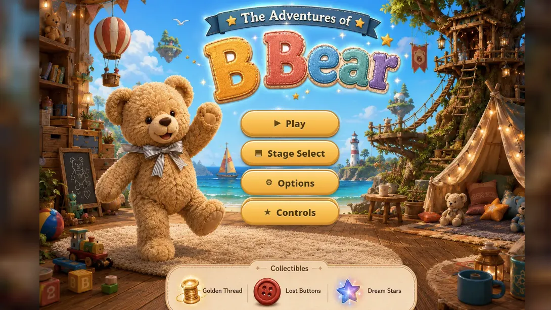 The title screen of the B Bear platformer, with the painted bear standing against a hand-drawn backdrop.