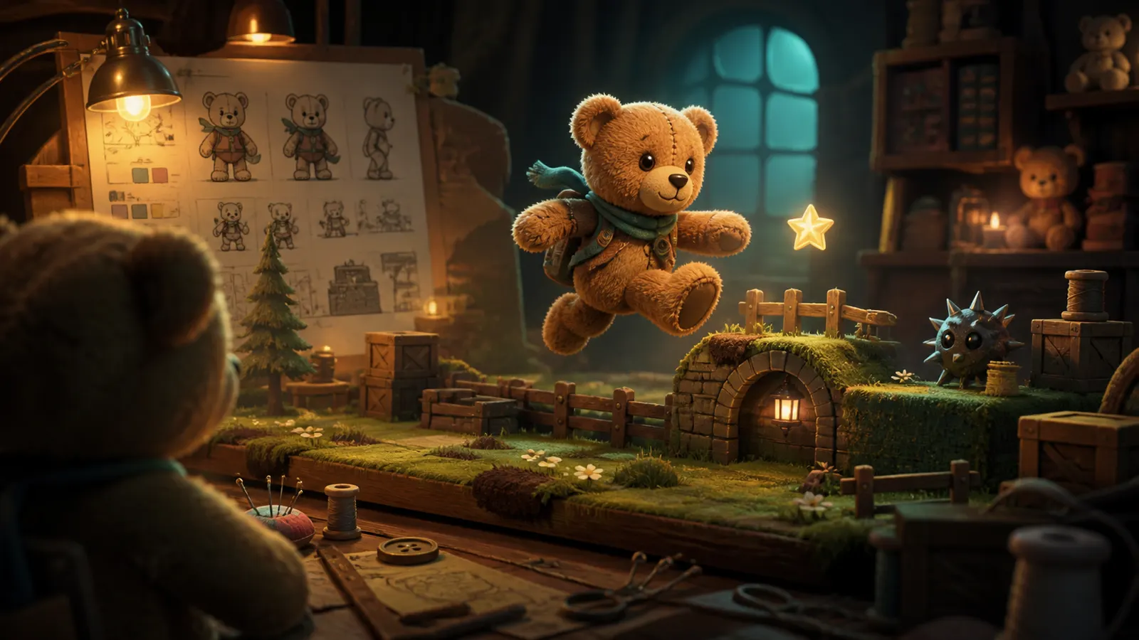 A real teddy bear watching an illustrated version of itself run through a game level.
