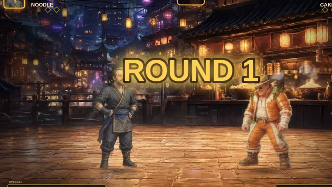 The round one screen of a commissioned fighting game.
