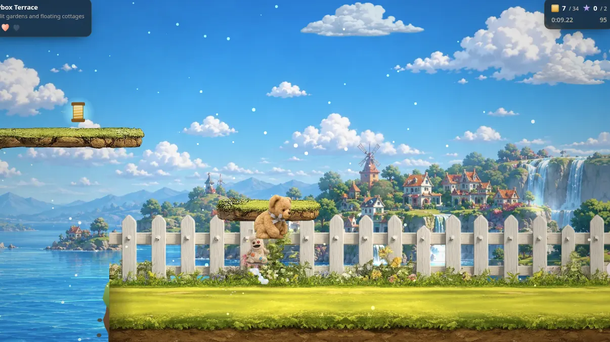 The seaside level of a commissioned platformer, with painted sand and a boardwalk.