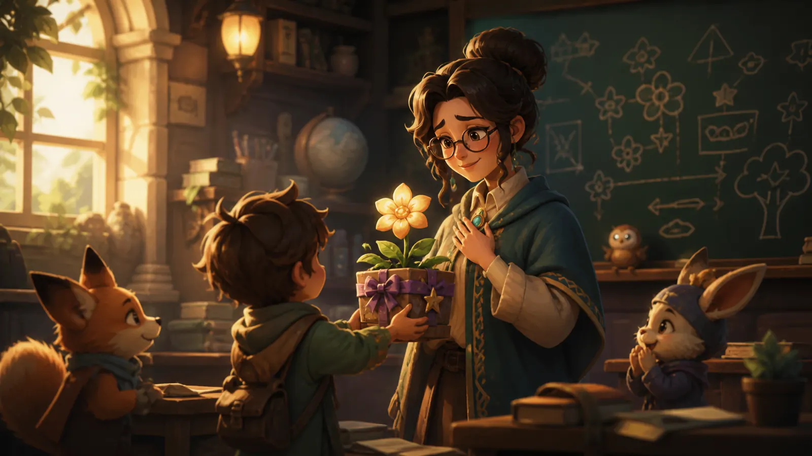 An illustrated child handing a teacher a pot of flowers in front of a classroom blackboard.