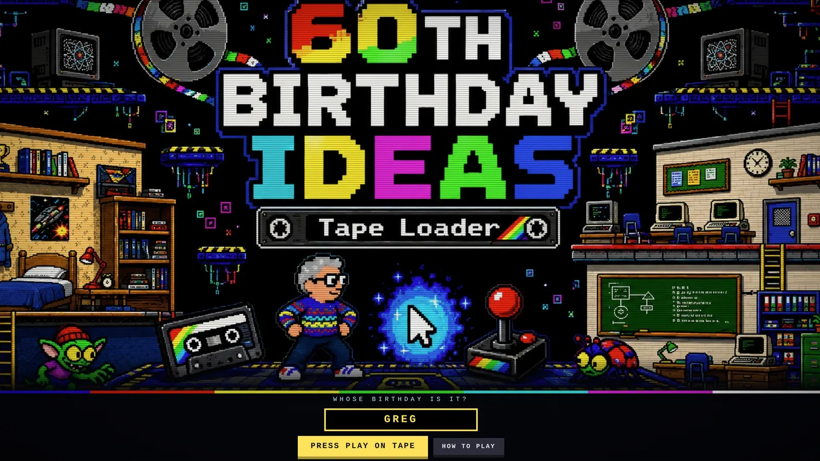 The title screen of a commissioned 60th birthday game, with the birthday person painted in.