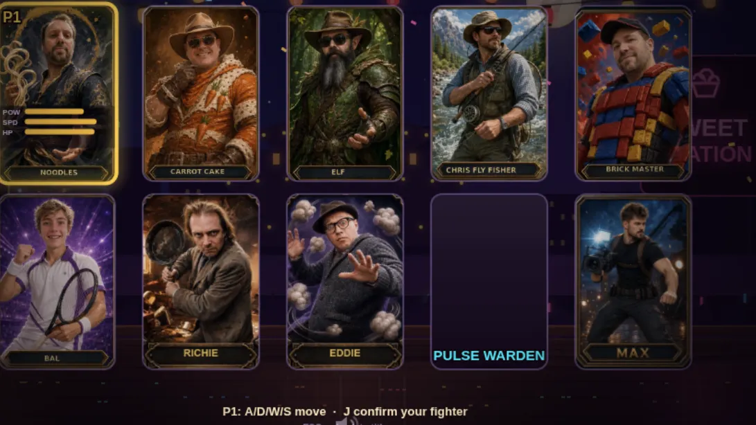The character select screen of a commissioned fighting game, with hand-painted characters based on real people.